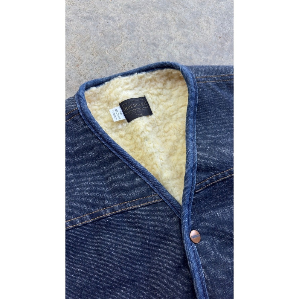 Vintage 70s Roebucks Sears Denim Sherpa Vest Americana Workwear Blue Medium g4a - Picture 4 of 8